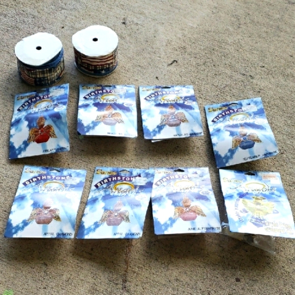 Bundle of vintage "Darico" Birthstone Angels, USA ribbon rolls, (10) Craft items